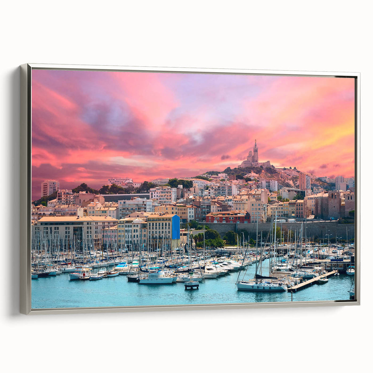 Framed canvas depicting a colorful Provencal landscape, ideal for adding a vintage touch to any room.