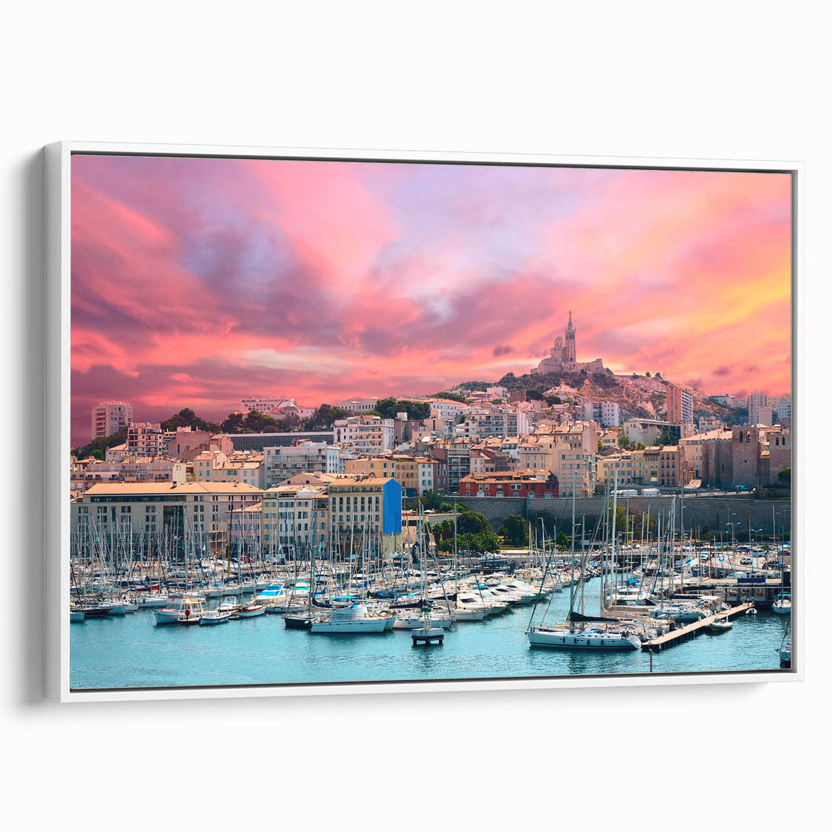 Vintage poster art of a Provence landscape in vibrant colors on extra large framed canvas, ideal for living room decor.
