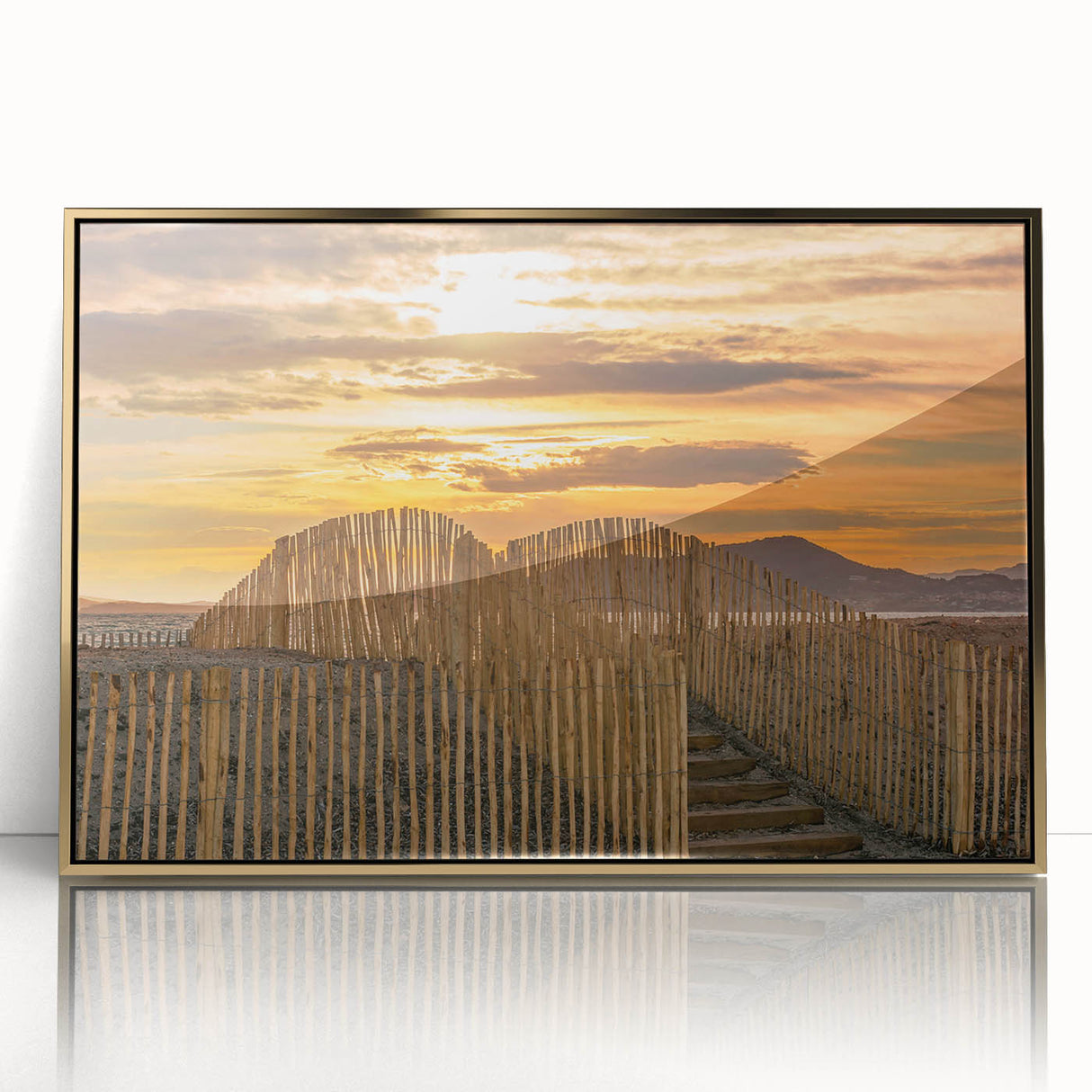 Art deco poster of a South France scenery in muted gold tones on framed acrylic, ideal for modern art wall decor.