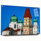 Acrylic print of a Bavarian landscape, featuring lush green fields and distant mountains, ideal for dining room decor.