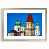 Extra large abstract art print of a Bavarian landscape in textured hues of blue and green, framed in silver.