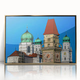 Art deco poster of a Bavarian landscape with muted green and blue tones on a framed acrylic, ideal for modern art wall decor.