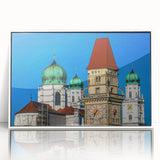 Mid-century modernist art of Bavarian scenery in muted earth tones on a framed acrylic, ideal for nursery wall art.