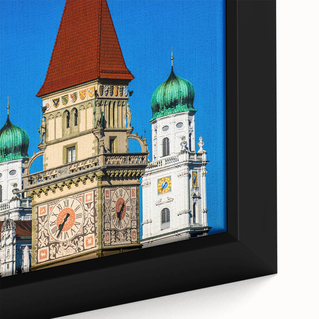 Extra large framed canvas of a textured, colorful Bavarian scenery in black, ideal for living room decor.