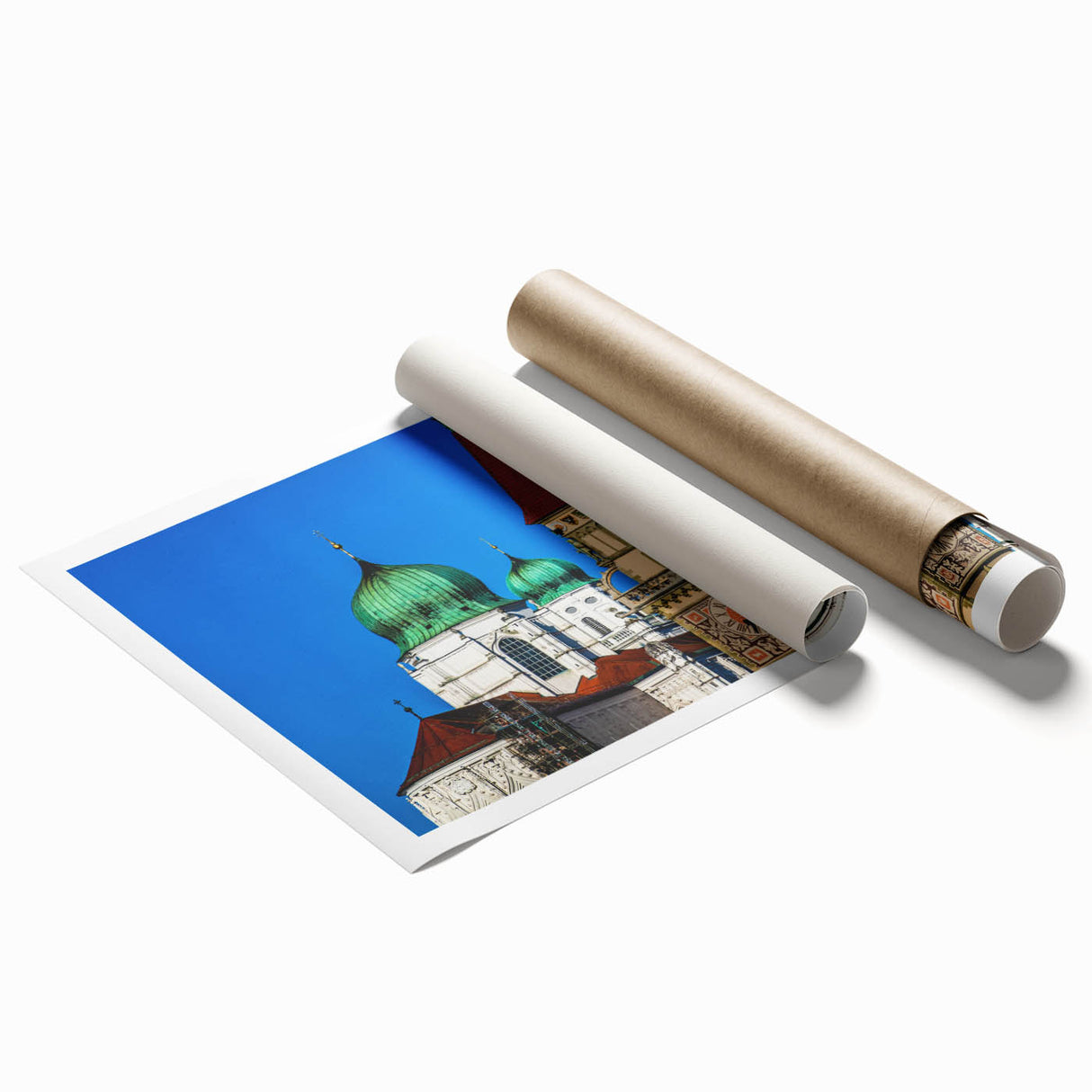 Extra large rolled print of a Bavarian landscape with vibrant floral foreground on a misty morning.