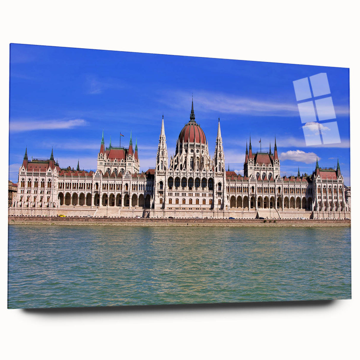 Acrylic print of a large abstract depiction of a European cityscape in muted gray and blue tones.