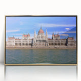 Art Deco poster of a European scenery in Hungary, with a gold-framed acrylic print, suitable for nursery wall art.