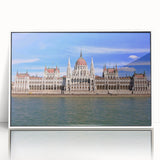Mid-century modernist art depicting a European scenery in Hungary, with muted earth tones on a framed acrylic.