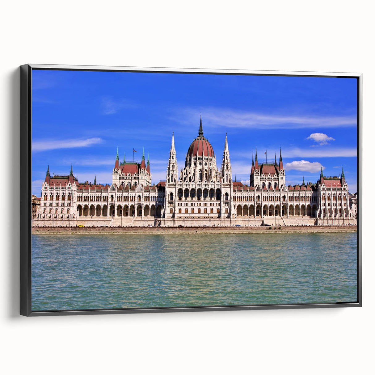 Black and white vintage poster art of a European landscape on framed canvas, ideal for bedroom decor.