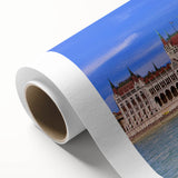 Art deco poster of a European scenery in muted pastel shades on rolled canvas, ideal for nursery wall art.