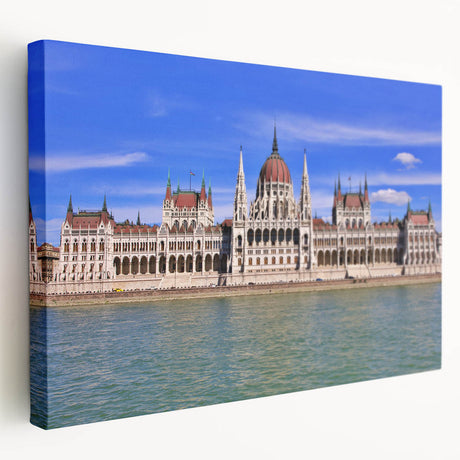 Side view of a stretched canvas depicting a European scenery in Hungary, featuring muted earth tones.