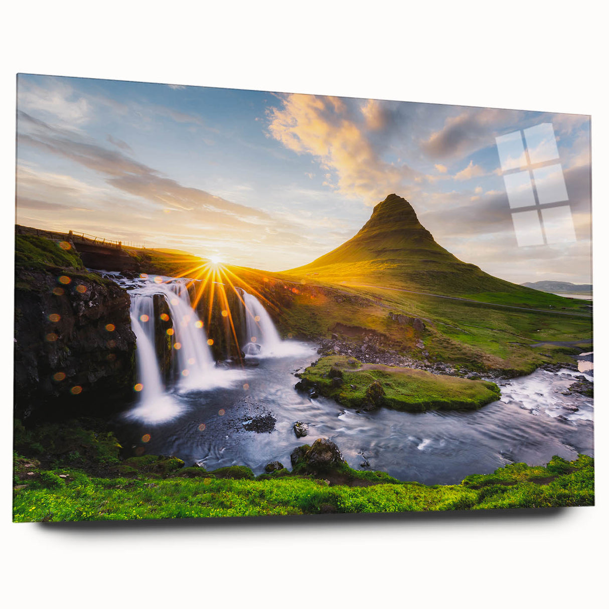 Large abstract wall art of Icelandic scenery in muted blues and greens on acrylic glass.