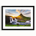 Extra large abstract art print depicting a vibrant, textured Icelandic scenery on a black framed canvas.