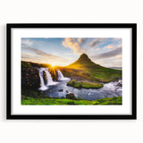 Extra large abstract art print depicting a vibrant, textured Icelandic scenery on a black framed canvas.