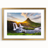 Abstract art print of an Icelandic landscape in muted blues and greens, framed in gold, ideal for dining room decor.