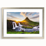 Extra large abstract art print of a textured Icelandic landscape in silver frame, ideal for living room decor.