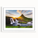 Textured abstract art print of an Icelandic landscape in muted gray and blue tones, framed with a white mat.