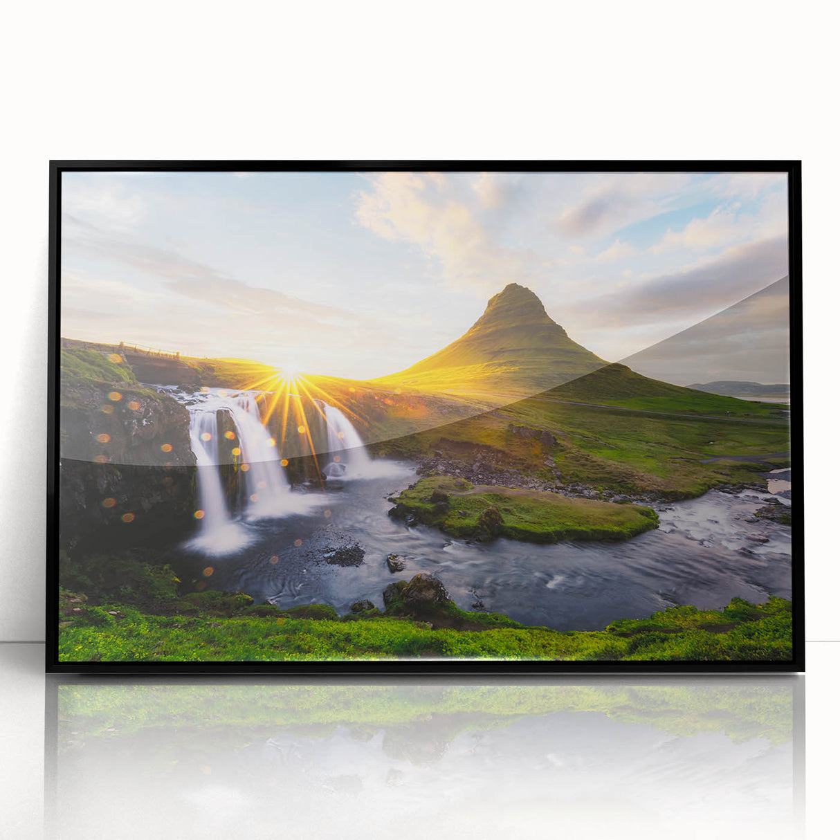 Large abstract wall art depicting a serene Icelandic landscape in muted gray and blue tones, framed in black acrylic.
