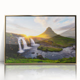 Acrylic print of a serene Icelandic landscape in muted blue and green tones, framed in gold, ideal for modern art wall decor.