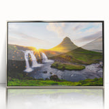 Large art print of an Icelandic landscape, featuring muted earth tones on a silver-framed acrylic.