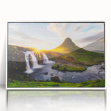 Mid-century modernist art featuring an Icelandic landscape in muted green and blue tones on a framed acrylic.