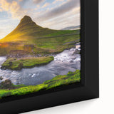 Extra large framed canvas featuring a textured Iceland scenery in black with colorful art accents.