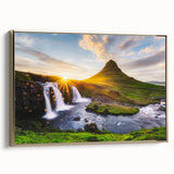 Framed canvas featuring a vintage-style Icelandic landscape in muted black and gold tones, ideal for bedroom wall art.