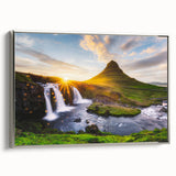 Landscape art painting of an Icelandic scene on a framed canvas, featuring black and colorful tones.