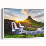 Vintage poster art of an Icelandic landscape on framed canvas, featuring muted earth tones, ideal for living room decor.