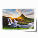 Extra large wall art of a serene Icelandic landscape on rolled canvas, showcasing muted green and blue tones.