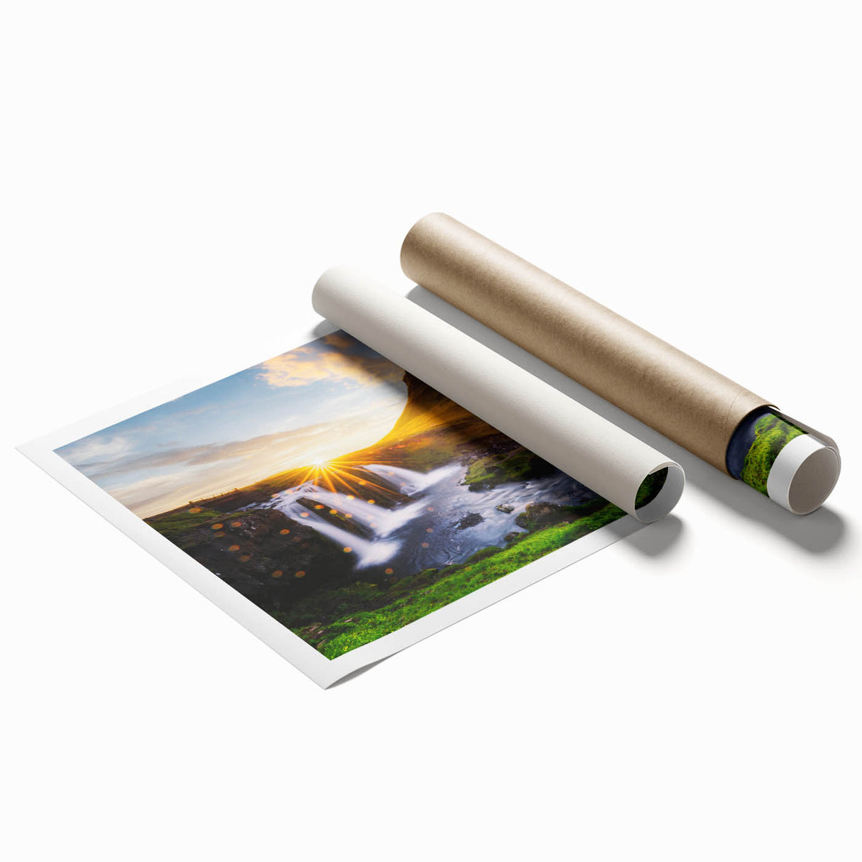 Extra large rolled print of a serene Icelandic landscape with muted green and blue tones.