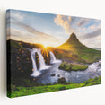 Large art depicting a serene Icelandic landscape, muted earth tones on stretched canvas, ideal for kitchen wall art.