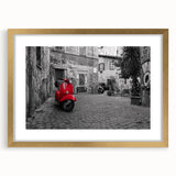 Abstract art print of Rome with muted earth tones in a gold frame, suitable for dining room decor.