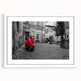 Textured abstract art print of Rome scenery in muted earth tones on a white framed canvas, ideal for bedroom art.