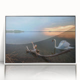 Mid-century modernist art depicting a serene Latvian landscape in muted earth tones on a white framed acrylic.