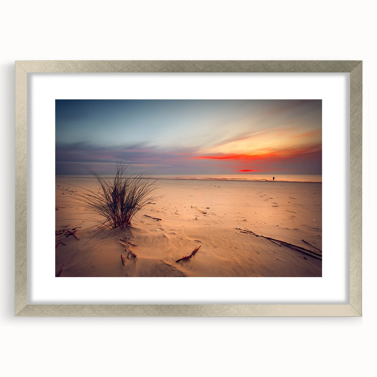 Extra large abstract art print of a textured European scenery in muted earth tones, framed in silver.