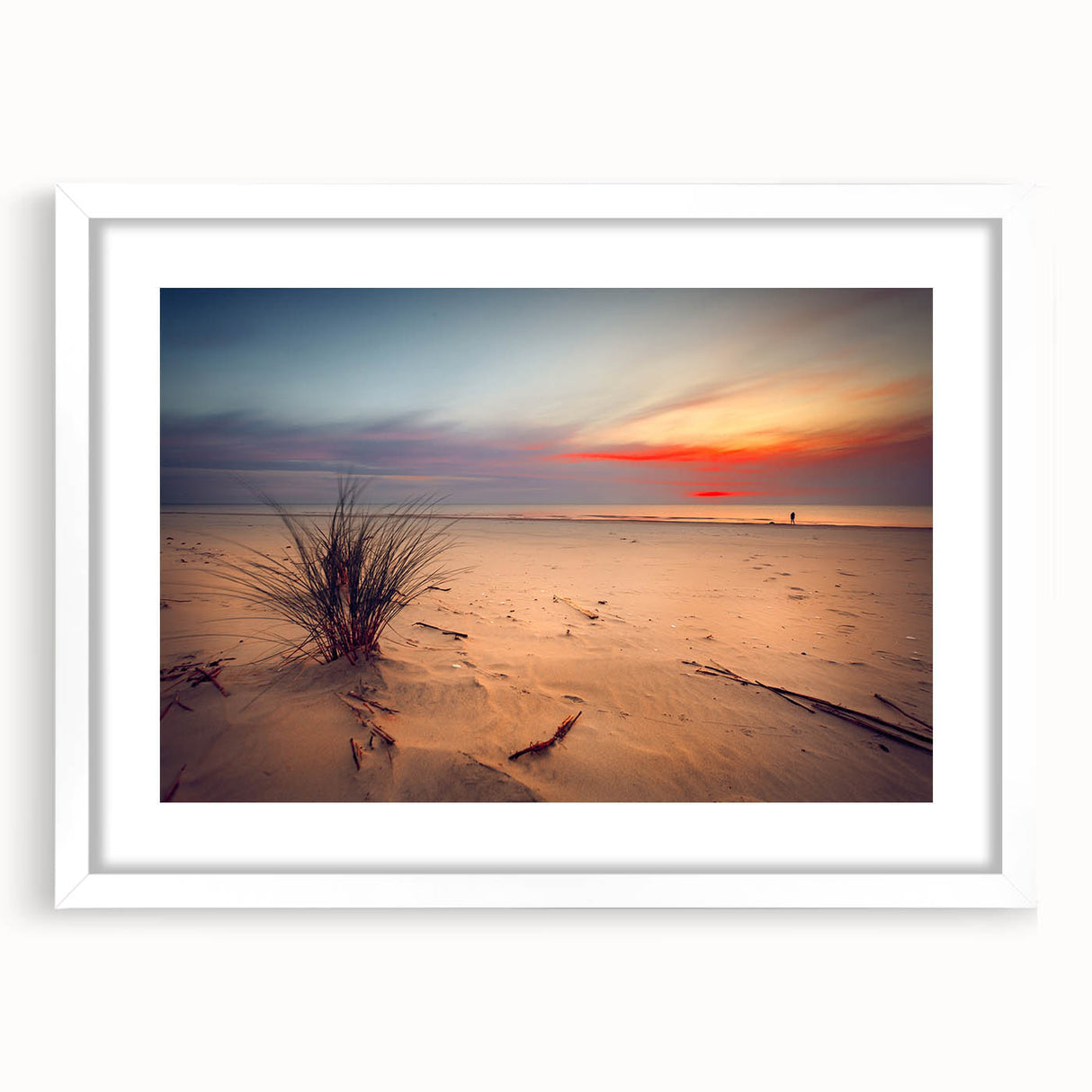 Textured art print featuring abstract depiction of a European Lithuanian landscape, in muted earth tones, framed in white.