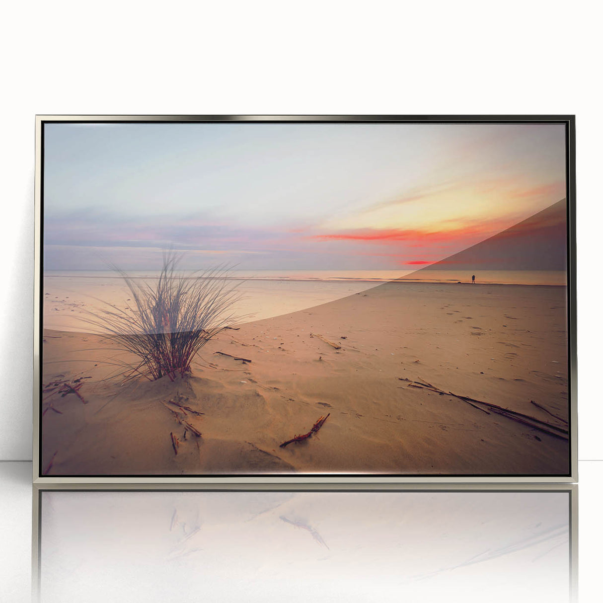 Large art print of a European Lithuanian landscape in muted earth tones, framed in silver acrylic.