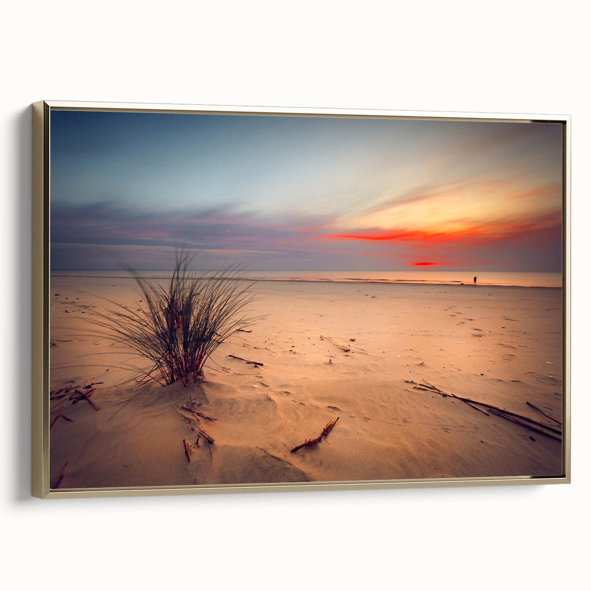 Framed canvas featuring a vintage-style landscape painting of a European scenery in muted gold and black tones.