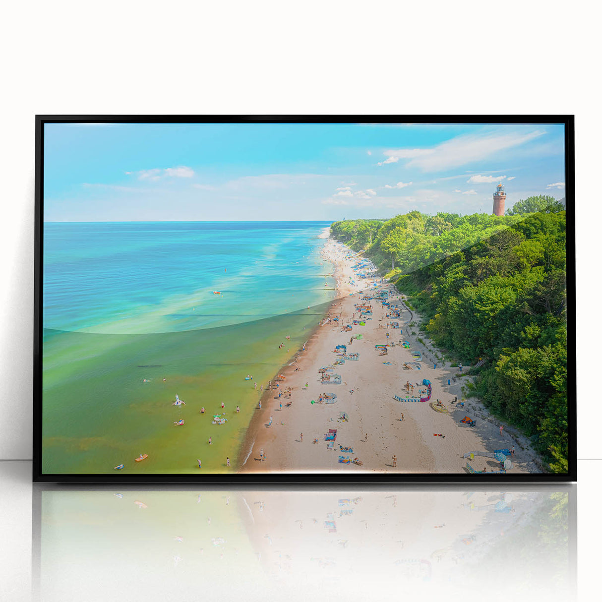 Large abstract wall art featuring a vibrant European landscape in mid-century modernist style, framed in black acrylic.