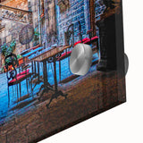 Large abstract wall art depicting Barcelona scenery in muted earth tones on acrylic glass, ideal for dining room art.