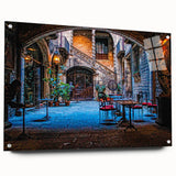 Acrylic print of Barcelona cityscape in muted earth tones, ideal for dining room decor.