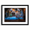 Extra large abstract art print of a colorful Barcelona scenery in textured style, framed with black mat.