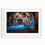 Textured abstract art print of a Barcelona scene in muted earth tones on a framed canvas, suitable for bedroom decor.