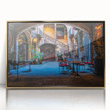 Art deco poster of Barcelona scenery in gold acrylic frame, ideal for modern art wall decor in a nursery.