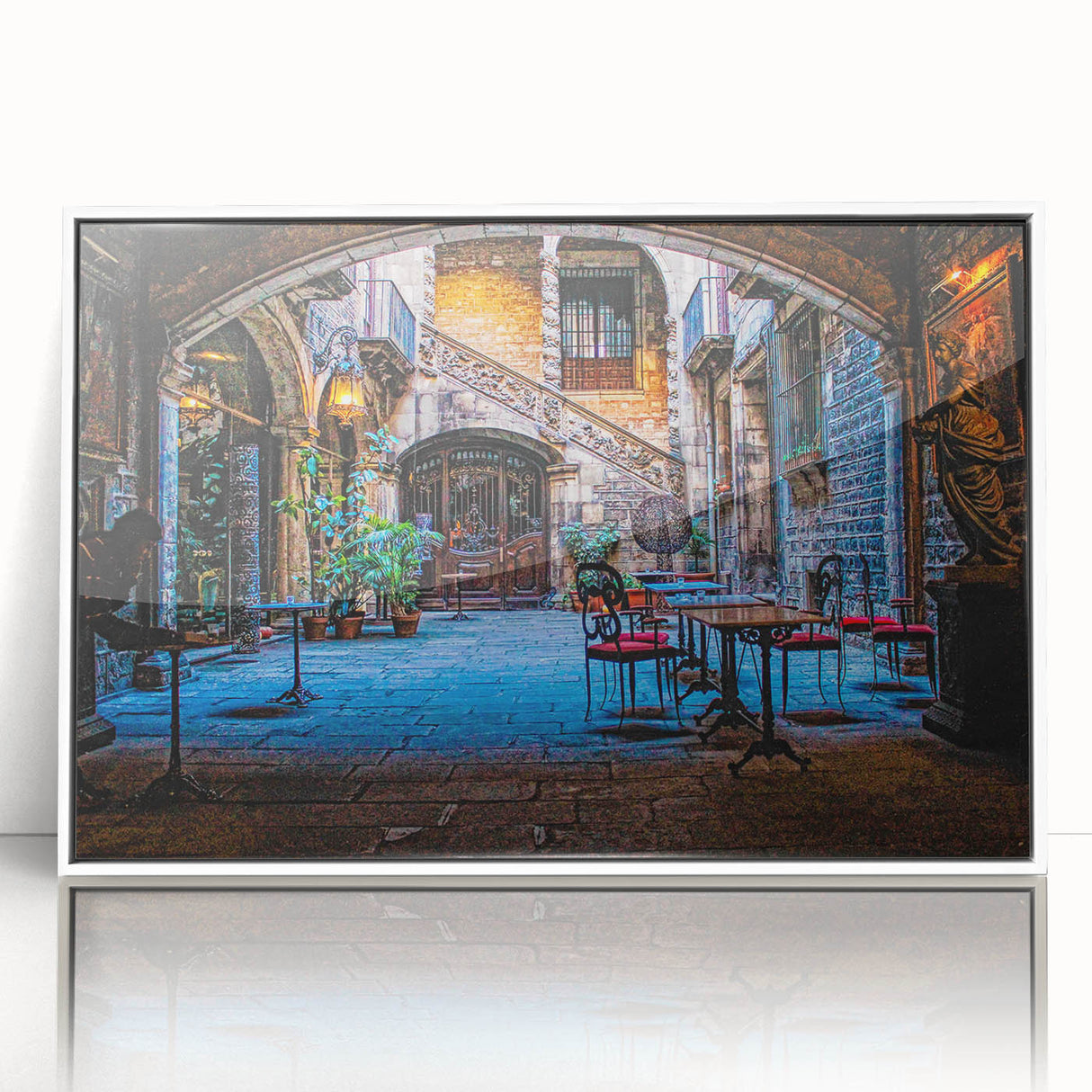 Mid-century modernist art of Barcelona skyline in muted earth tones on framed acrylic, suitable for nursery wall decor.