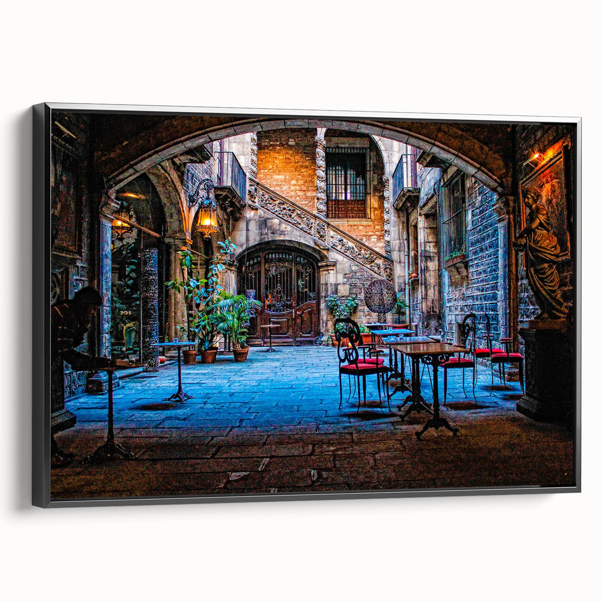 Black and white vintage poster art of Barcelona landscape on framed canvas, ideal for bedroom wall decor.