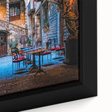 Extra large framed canvas depicting a black textured Barcelona cityscape with colorful art accents.