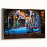 Framed canvas featuring a vintage-style landscape painting of Barcelona.