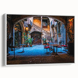 Vintage poster art of Barcelona scenery on a framed canvas, with vibrant colors, ideal for living room decor.